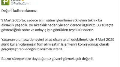 Teknoloji şirketi Paribu, dünkü aksaklık nedeniyle bugün alım satım komisyonu