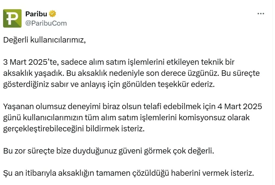 Teknoloji şirketi Paribu, dünkü aksaklık nedeniyle bugün alım satım komisyonu