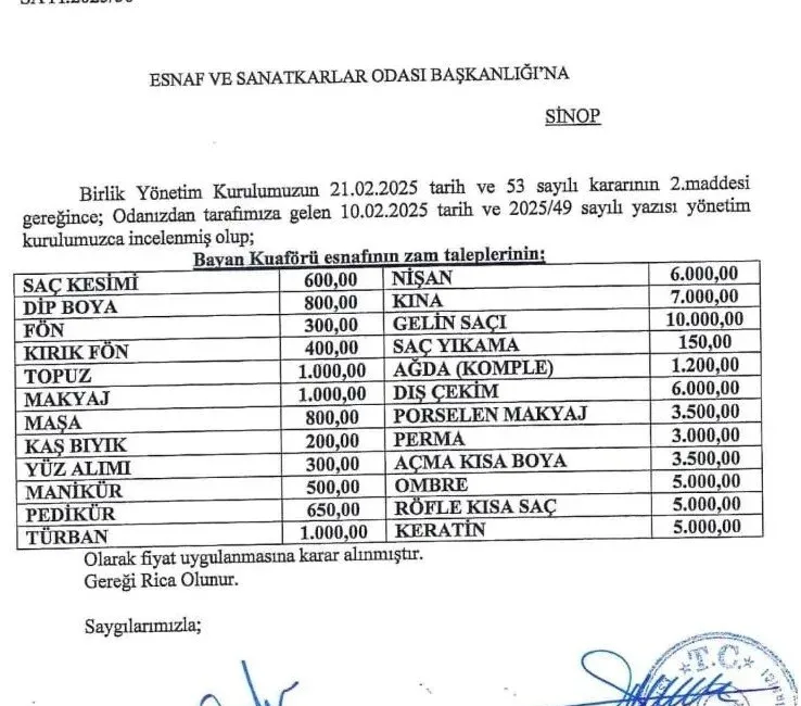 Sinop'ta bayan kuaförlerinde fiyatlara zam yapıldı. Yeni fiyatlar şu şekilde: