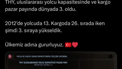 Türk Hava Yolları (THY), IATA verilerine göre uluslararası yolcu pazarında