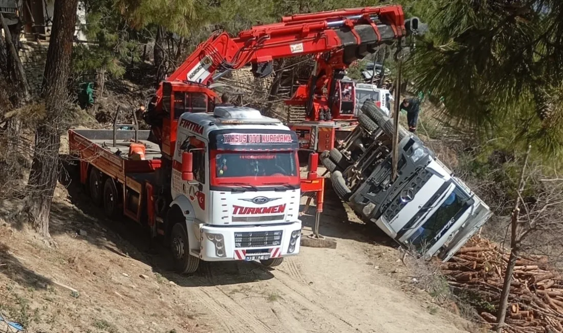 Adana'da tomruk taşıyan kamyon şarampole devrildi, sürücü yaralı kurtuldu. Kazanın