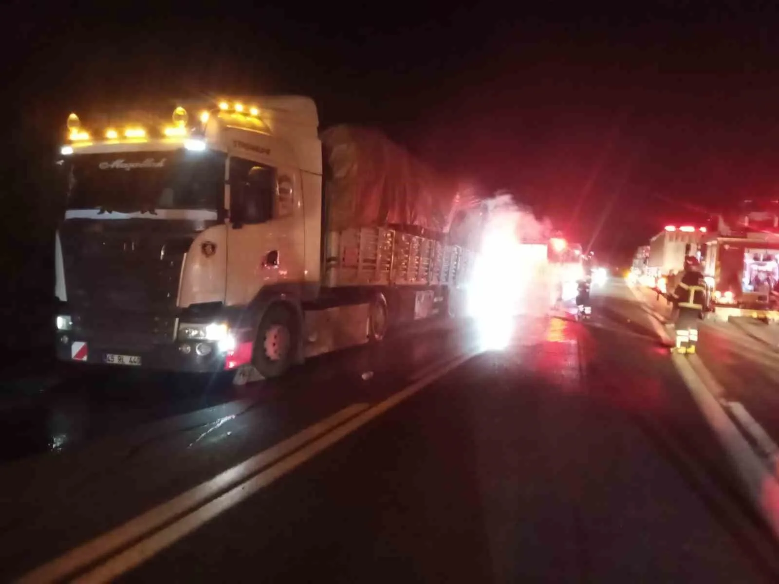 Pamukova'da tomruk yüklü tırın balatalarında çıkan yangın itfaiye tarafından kontrol