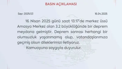Amasya Valiliği, merkez üssü Amasya Merkez olan 3.2 büyüklüğünde deprem