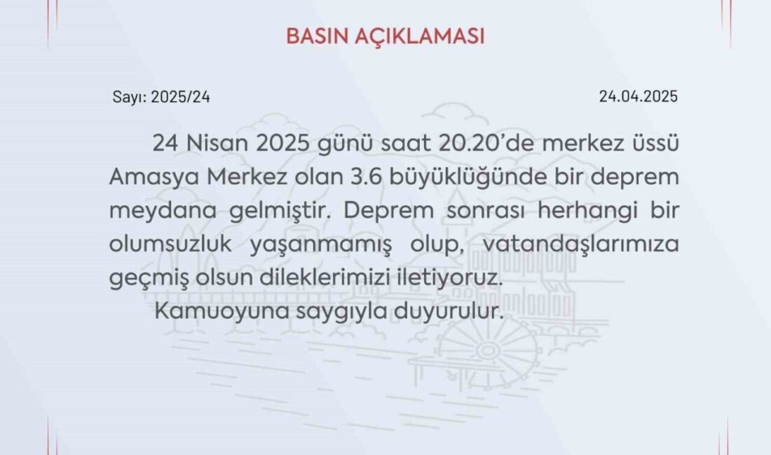 Amasya Valiliği, meydana gelen 3.6 büyüklüğündeki deprem sonrası açıklama yaptı.