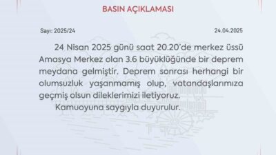 Amasya Valiliği, meydana gelen 3.6 büyüklüğündeki deprem sonrası açıklama yaptı.