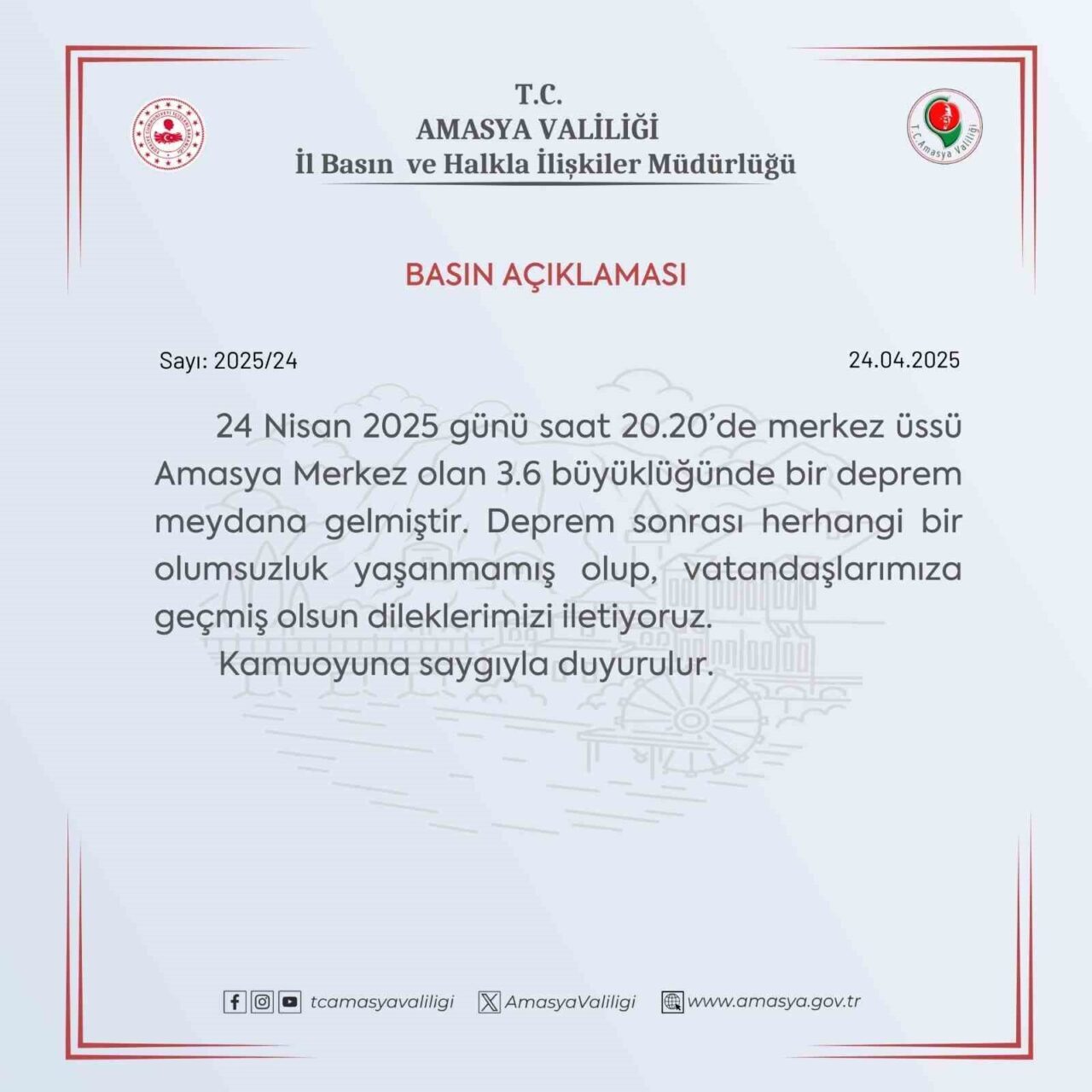 Amasya Valiliği, meydana gelen 3.6 büyüklüğündeki deprem sonrası açıklama yaptı.