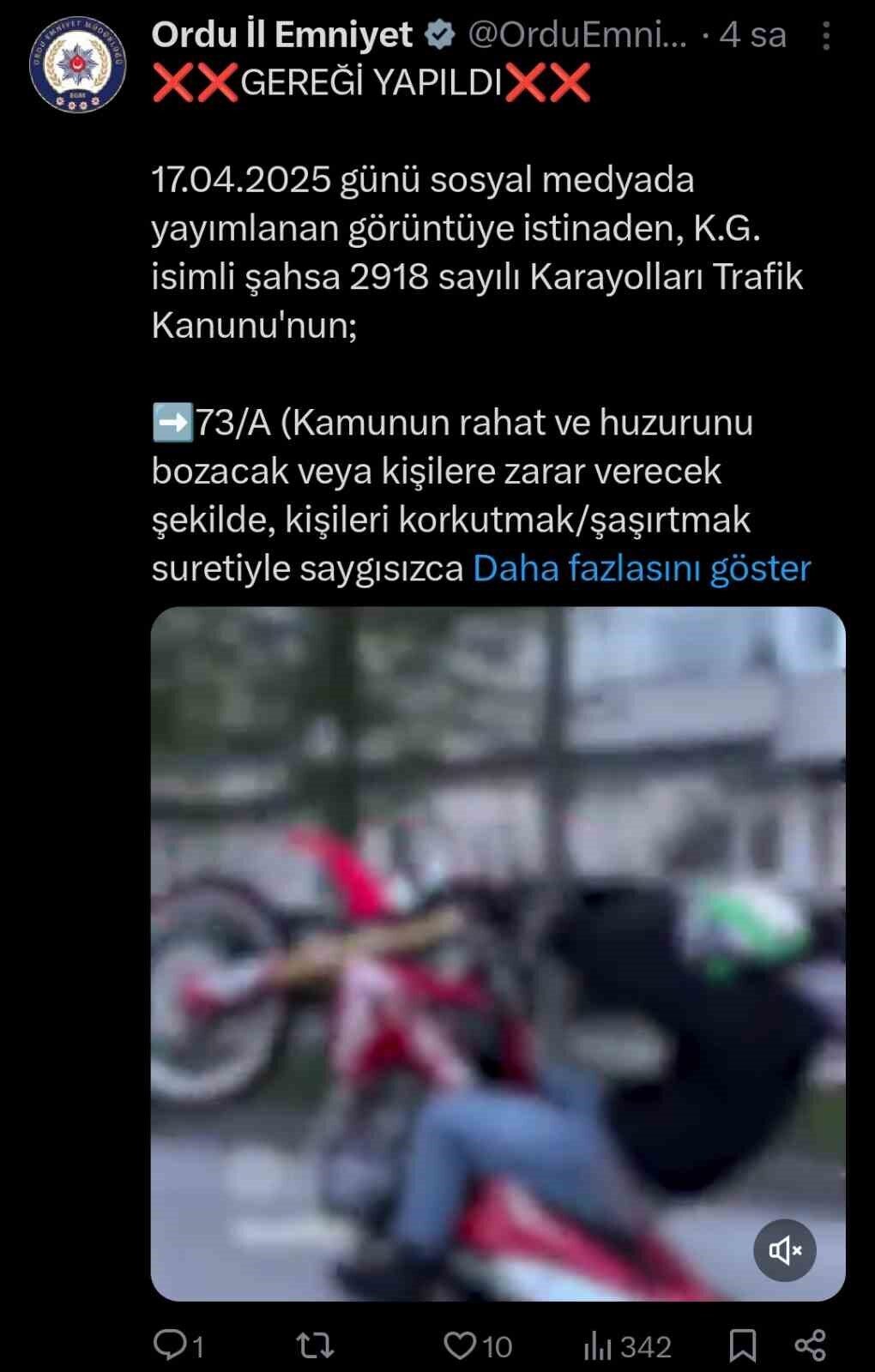Ordu’da tek teker üzerinde motosiklet kullanarak trafiği tehlikeye düşüren sürücüye