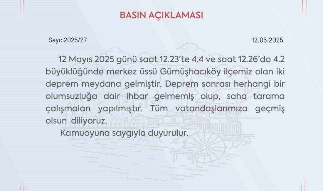 Amasya’da 4.4 ve 4.2 büyüklüğündeki depremlerin ardından Amasya Valiliği, herhangi