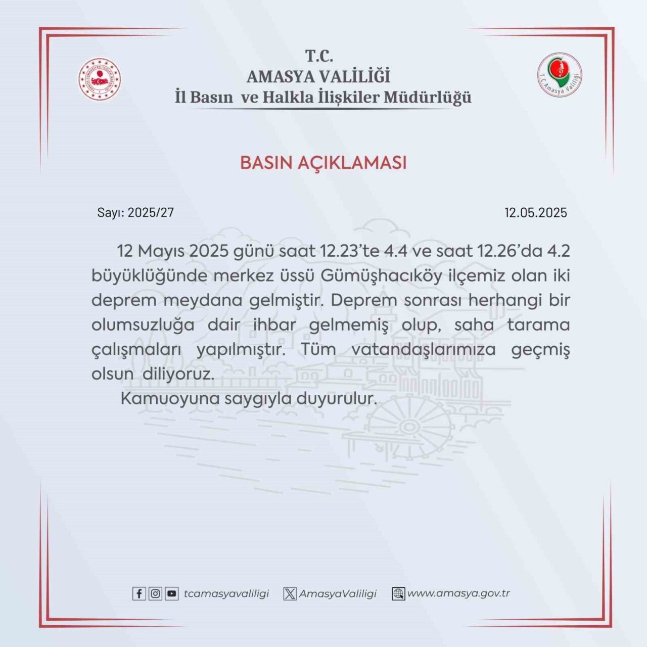 Amasya’da 4.4 ve 4.2 büyüklüğündeki depremlerin ardından Amasya Valiliği, herhangi