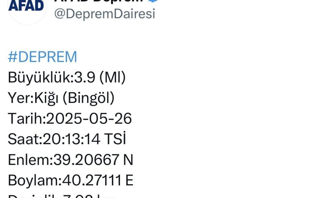 Merkez üssü Bingöl’ün Kiğı ilçesi olan 3.9 büyüklüğünde deprem meydana
