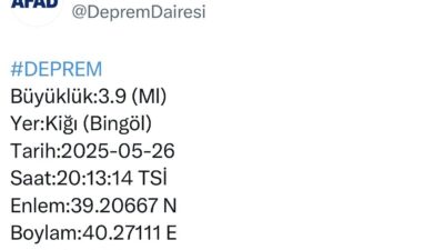 Merkez üssü Bingöl’ün Kiğı ilçesi olan 3.9 büyüklüğünde deprem meydana