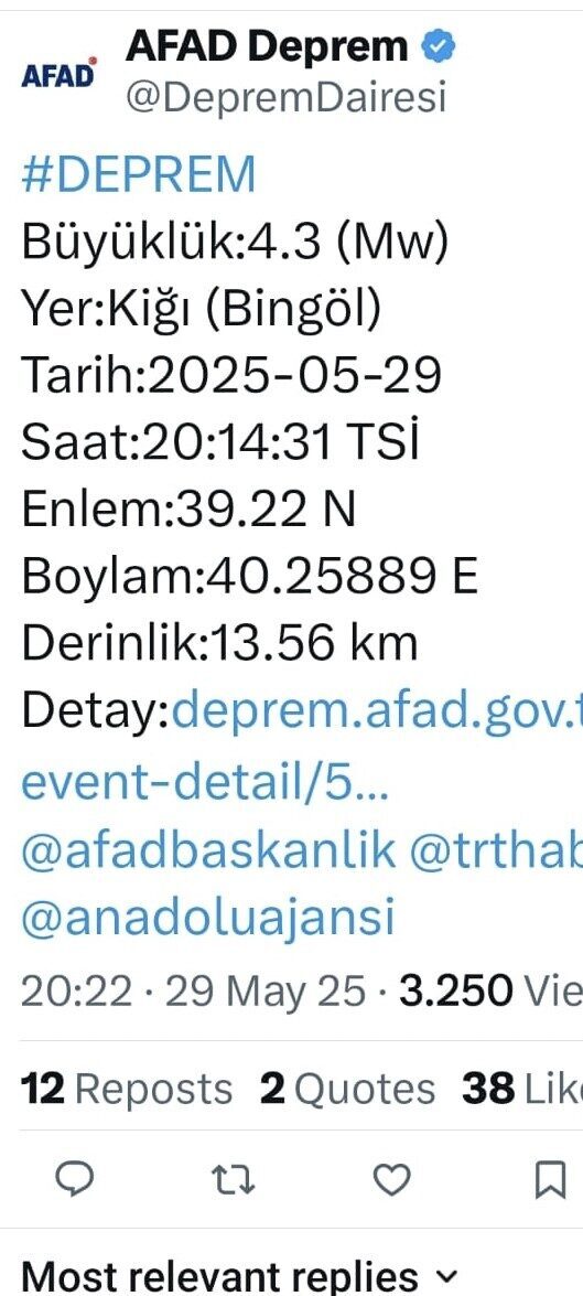 Bingöl’ün Kiğı ilçesinde 4,3 büyüklüğünde deprem meydana geldi. AFAD’dan yapılan