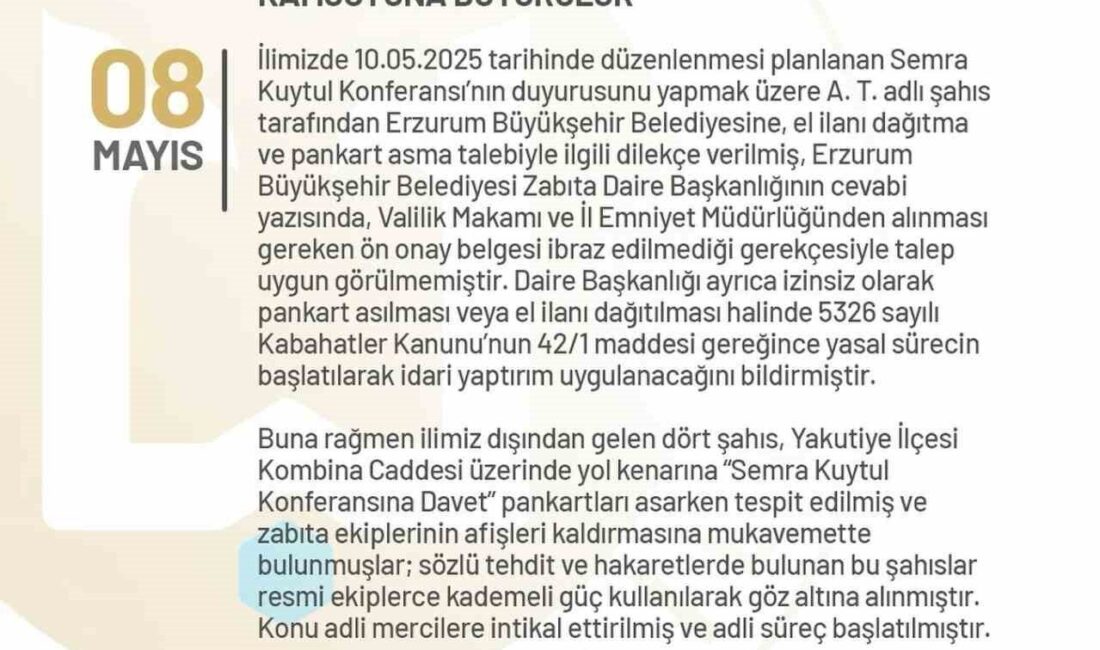 Erzurum’da izinsiz pankart asan 4 kişi gözaltına alındı Erzurum’da izinsiz olarak pankart asan ve zabıta ekiplerine mukavemette bulunan