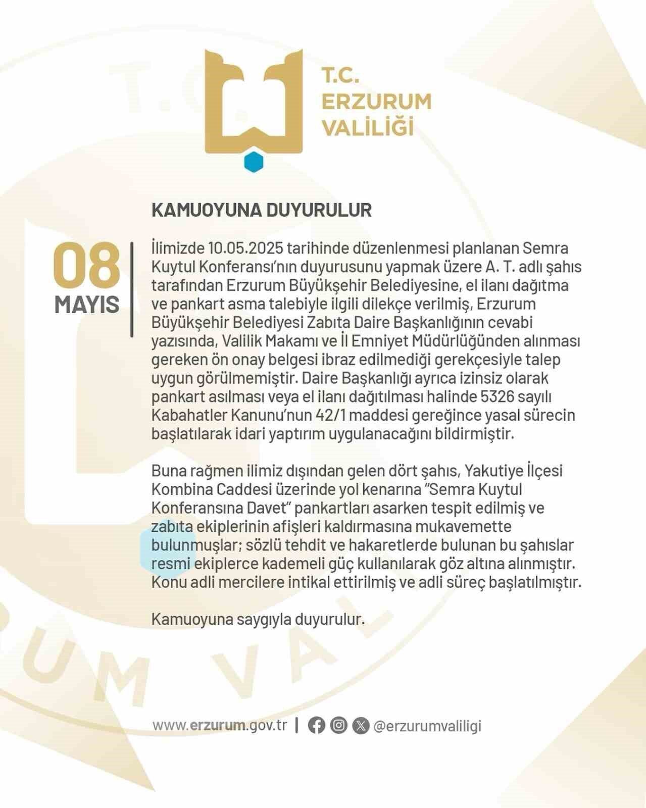 Erzurum’da izinsiz olarak pankart asan ve zabıta ekiplerine mukavemette bulunan