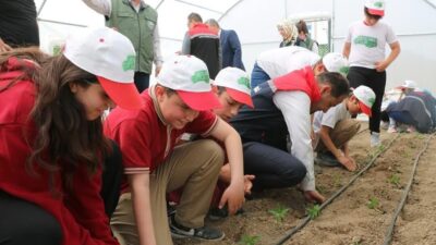 Erzincan’da Demirkent TOKİ İlkokulu’nda sürdürülen “Okuldaki Çiftlik” projesiyle öğrenciler seracılık,