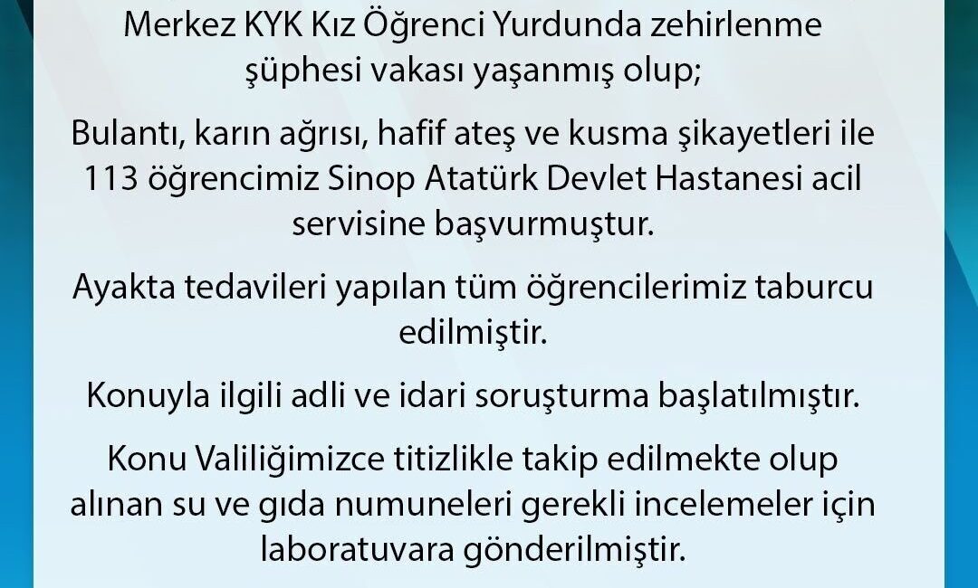 Sinop’ta KYK Kız Öğrenci Yurdunda kalan 113 öğrenci, bulantı ve