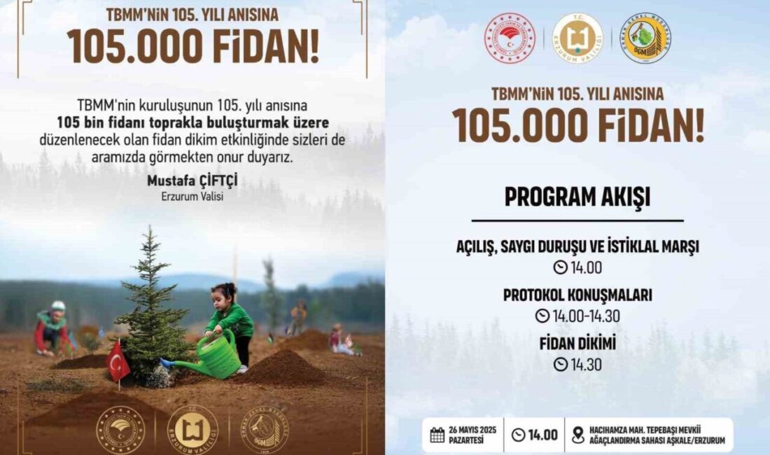 TBMM’nin 105.yılı anısına Erzurum’da 105 bin fidan toprakla buluşacak Türkiye Büyük Millet Meclisi’nin kuruluşunun 105. yılı anısına, Erzurum’da anlamlı