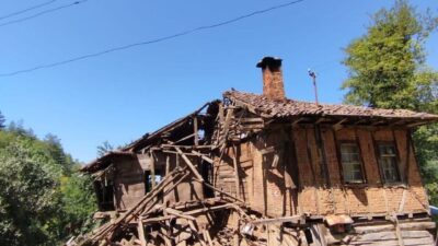 Kastamonu’nun Cide ilçesinde çöken ahşap evin yanında bulunan ahırdaki hayvanlar