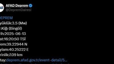 Merkez üssü Bingöl’ün Kiğı ilçesinde 3.5 büyüklüğünde deprem meydana geldi.