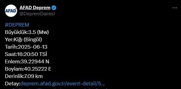 Merkez üssü Bingöl’ün Kiğı ilçesinde 3.5 büyüklüğünde deprem meydana geldi.