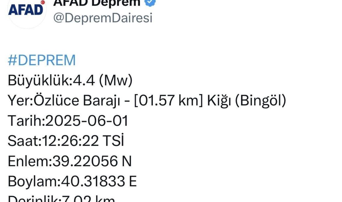 Bingöl’ün Kiğı ilçesinde 4,4 büyüklüğünde deprem meydana geldi. AFAD’dan yapılan