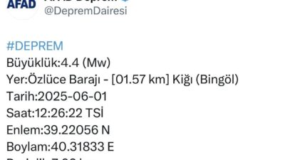 Bingöl’ün Kiğı ilçesinde 4,4 büyüklüğünde deprem meydana geldi. AFAD’dan yapılan