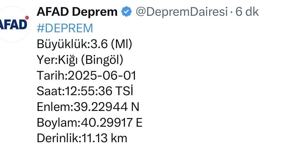 Bingöl’ün Kiğı ilçesinde 4,4 büyüklüğündeki depremin ardından 3,6 büyüklüğünde bir