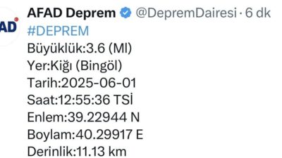 Bingöl’ün Kiğı ilçesinde 4,4 büyüklüğündeki depremin ardından 3,6 büyüklüğünde bir