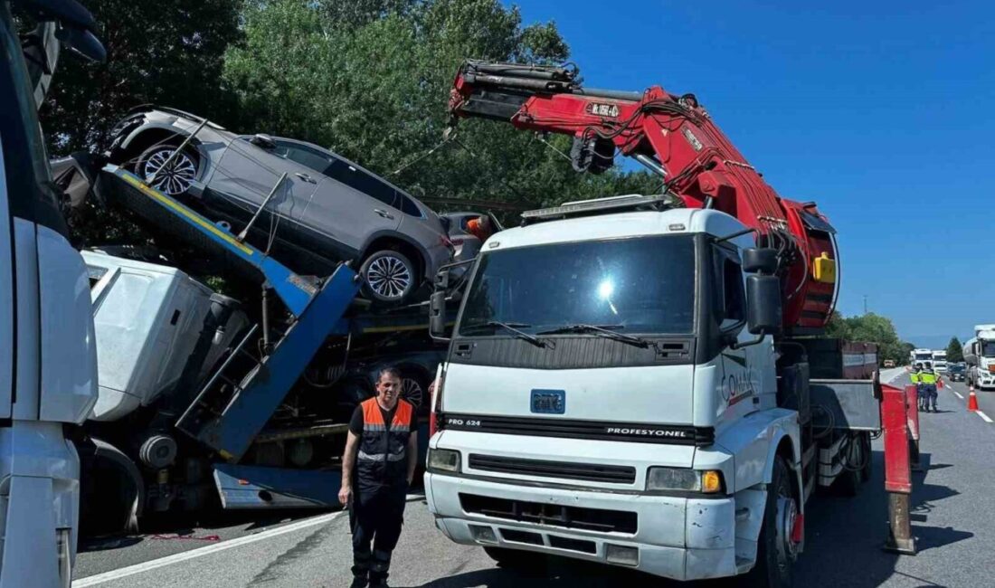 Anadolu Otoyolu Sakarya sıfır kilometre Togg araçları taşıyan tır, önünde