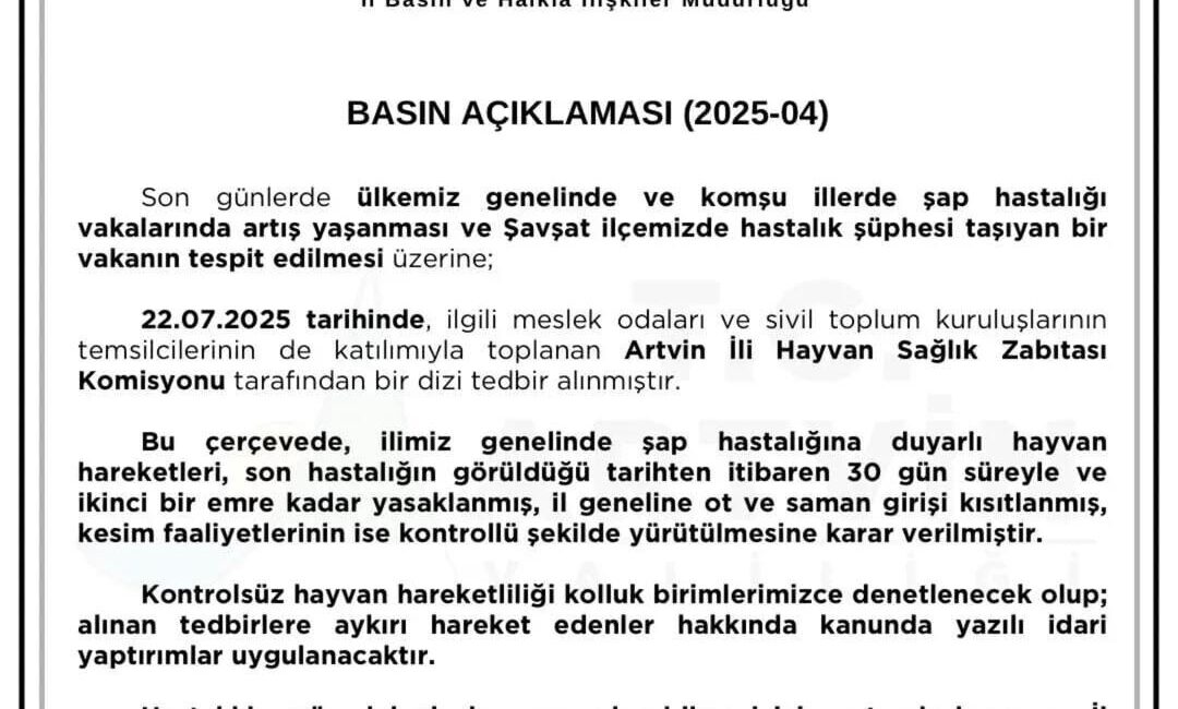 Artvin’de şap hastalığına karşı alınan tedbirler kapsamında, hayvan hareketleri 30