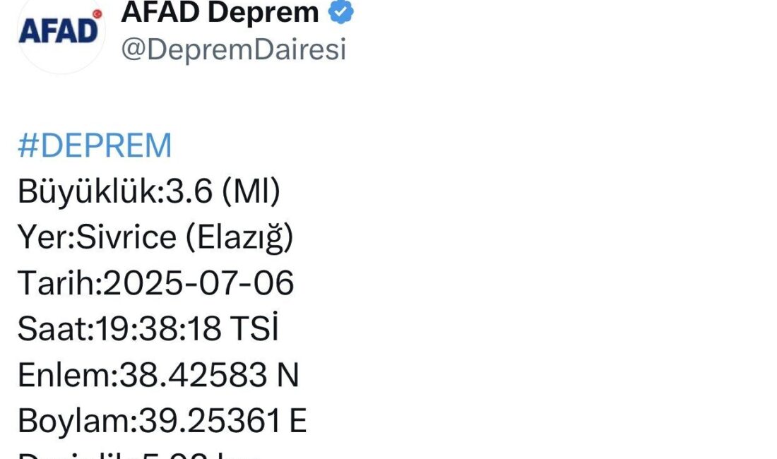 Merkez üssü Elazığ’ın Sivrice ilçesi olan 3.6 büyüklüğünde deprem meydana