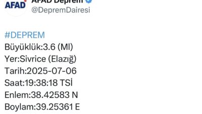 Merkez üssü Elazığ’ın Sivrice ilçesi olan 3.6 büyüklüğünde deprem meydana