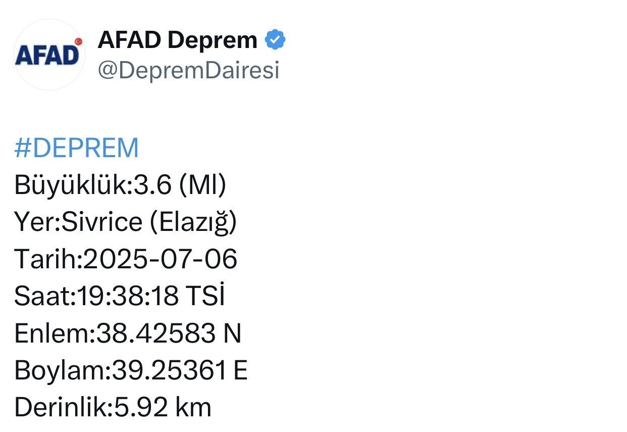 Merkez üssü Elazığ’ın Sivrice ilçesi olan 3.6 büyüklüğünde deprem meydana