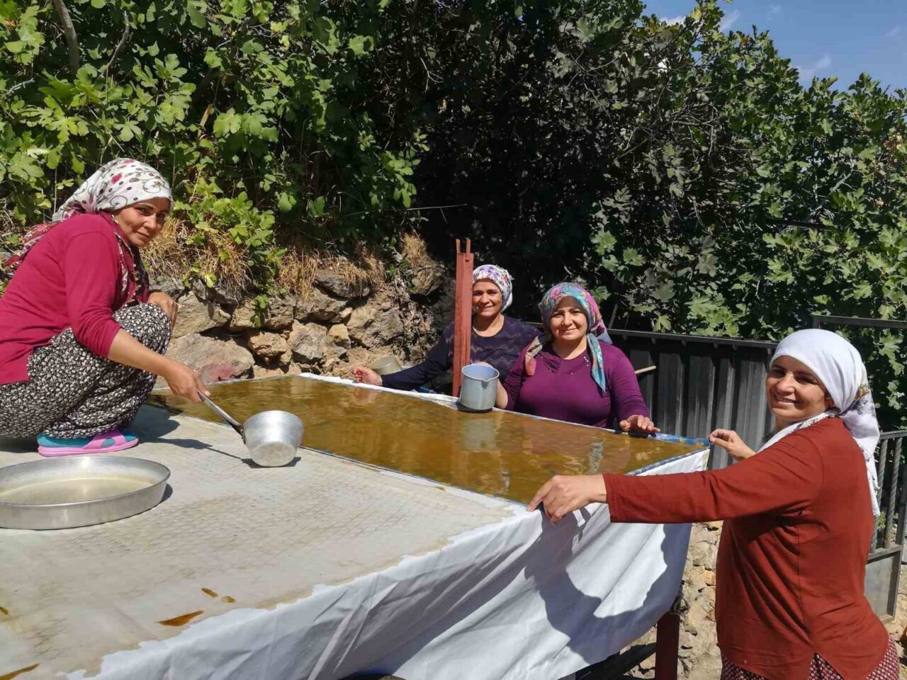 Erzincan’da kadınlar, dutların olgunlaşmasıyla geleneksel yöntemlerle pestil üretimine başladı. Dutun