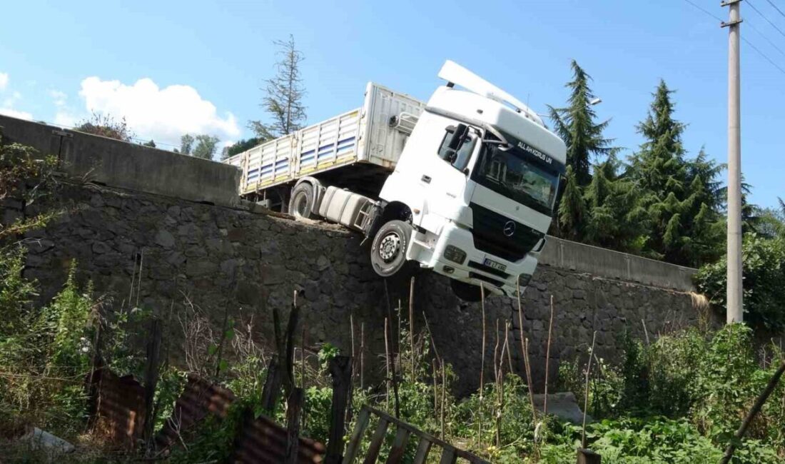 Ordu’nun Altınordu ilçesinde saman yükünü boşalttığı esnada freni boşalan tır