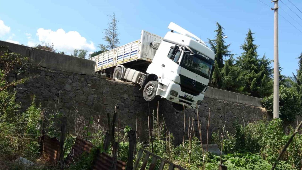 Ordu’nun Altınordu ilçesinde saman yükünü boşalttığı esnada freni boşalan tır