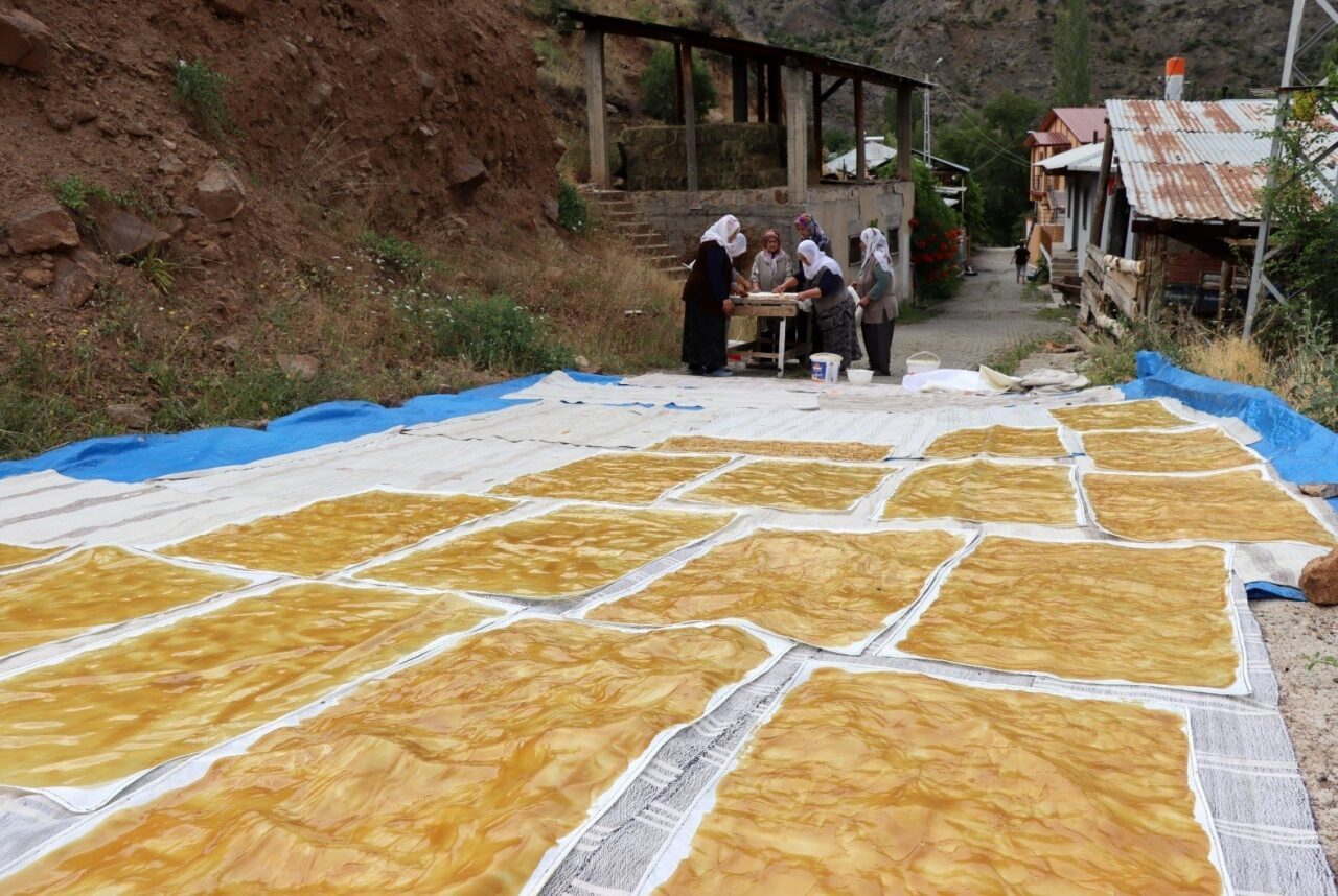 Erzincan’ın Kemaliye ilçesinde dut hasadının ardından geleneksel pestil yapımına başlandı.