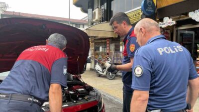 Ordu’nun Ünye ilçesinde, park halindeki otomobilin motor kısmında mahsur kalan