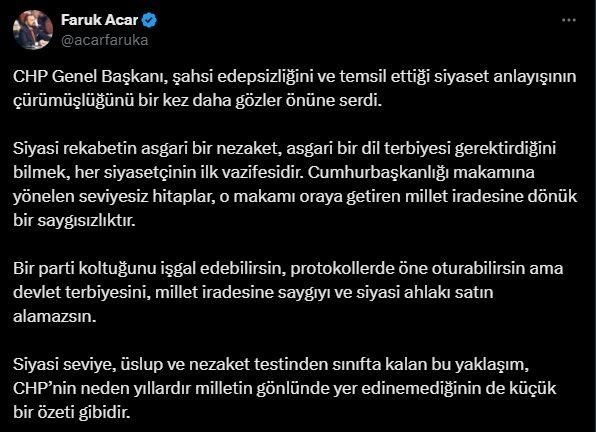 AK Parti Genel Başkan Yardımcısı Acar: “CHP Genel Başkanı, şahsi edepsizliğini bir kez daha gözler önüne serdi” AK Parti Genel Başkan Yardımcısı Faruk Acar, “CHP Genel Başkanı,