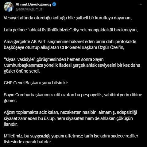 AK Parti Genel Başkan Yardımcısı Büyükgümüş: “Özgür Özel’in Cumhurbaşkanımıza yönelik ifadesi gerçek ahlak seviyesini bir kez daha gözler önüne serdi” AK Parti Genel Başkan Yardımcısı Ahmet Büyükgümüş, “CHP Genel Başkanı