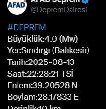 Afet ve Acil Durum Yönetimi Başkanlığı (AFAD), Balıkesir’de 4 büyüklüğünde