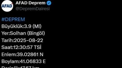 Merkez üssü Bingöl’ün Solhan ilçesi olan 3.9 büyüklüğünde deprem meydana