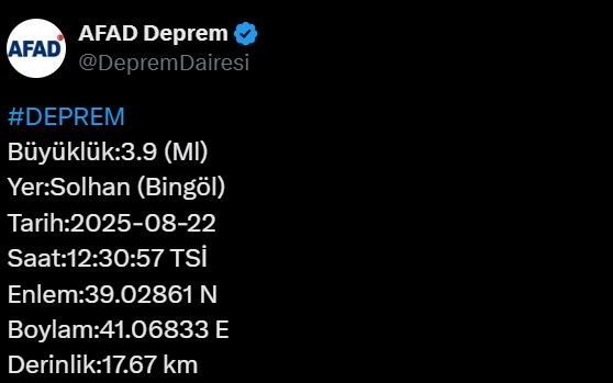 Merkez üssü Bingöl’ün Solhan ilçesi olan 3.9 büyüklüğünde deprem meydana