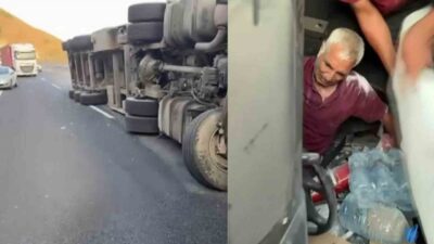 Erzincan-Erzurum kara yolunda devrilen tırda sıkışan sürücü vatandaşlar tarafından aracın