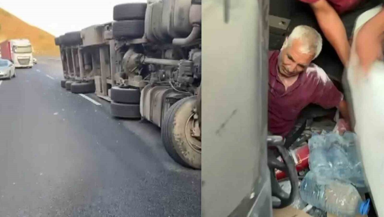 Erzincan-Erzurum kara yolunda devrilen tırda sıkışan sürücü vatandaşlar tarafından aracın
