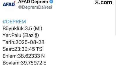 Merkez üssü Elazığ’ın Palu ilçesi olan 3.5 büyüklüğünde deprem meydana