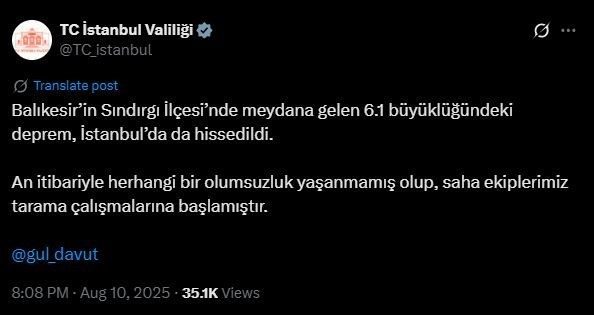 İstanbul Valiliği, kentte de hissedilen Balıkesir merkezli 6.1 büyüklüğündeki depremde
