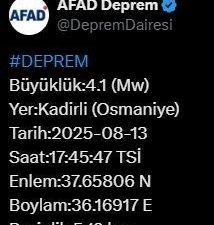 Osmaniye’nin Kadirli ilçesinde 4.1 büyüklüğünde bir deprem meydana geldi. AFAD’dan