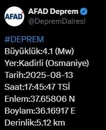 Osmaniye’nin Kadirli ilçesinde 4.1 büyüklüğünde bir deprem meydana geldi. AFAD’dan