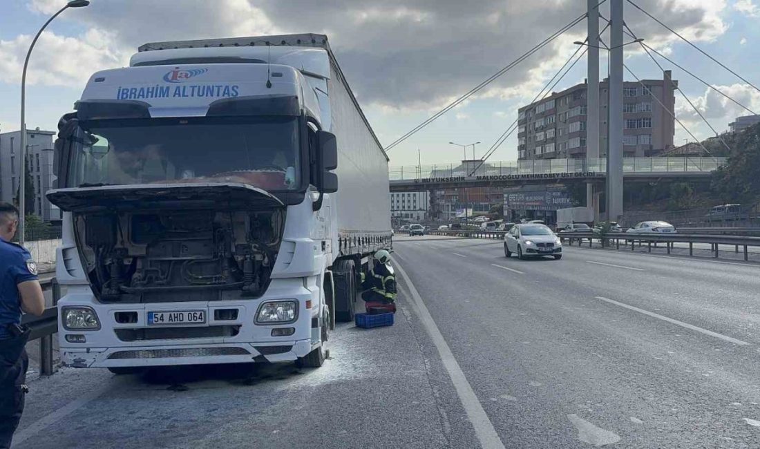 Kocaeli’nin Gebze ilçesinde seyir halindeyken motor kısmından alev alan tırda